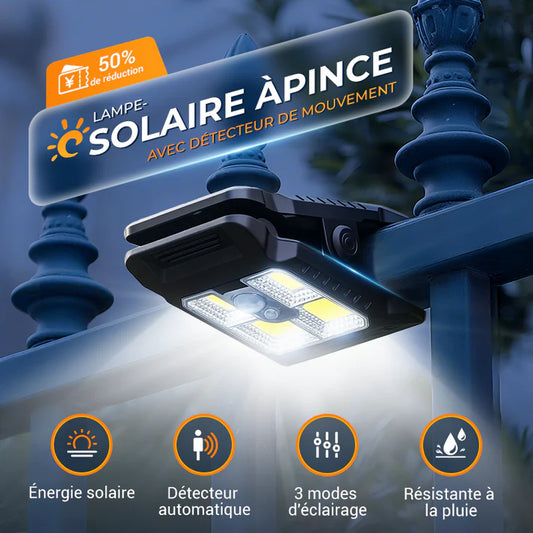 Lampe solaire à pince avec détecteur de mouvement.
