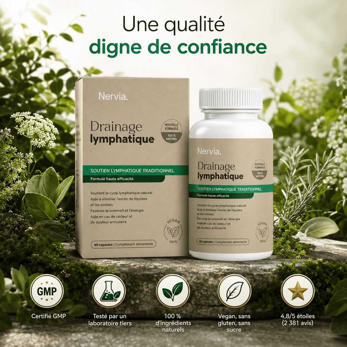 Nervia™ — Gélules de Drainage Lymphatique · Transformation totale en 60 jours