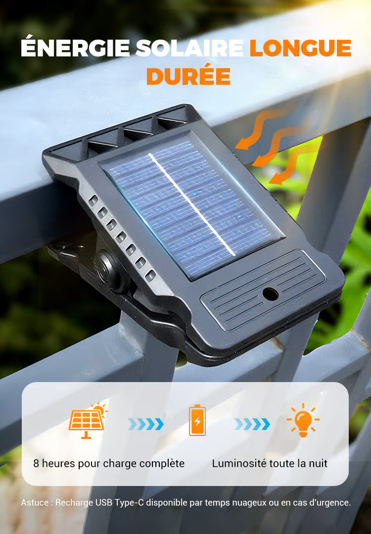Lampe solaire à pince avec détecteur de mouvement.